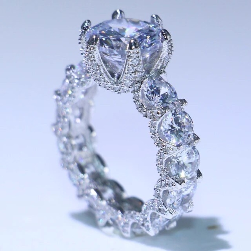 Simulated Diamonds Exaggerated Vintage Beautiful Silver Ring
